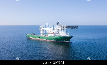 Offshore vessel Havila Harmony at Anchor in Trinidad and Tobago. Offshore vessel Havila Harmony aerial photo. Stock Photo