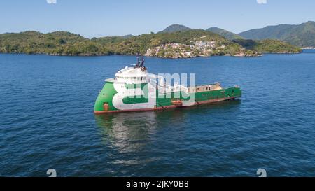 Offshore vessel Bourbon Orca at Anchor in Trinidad and Tobago. Offshore vessel Bourbon Orca aerial photo. Stock Photo