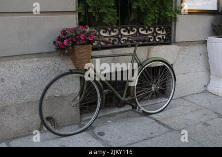 A beautifully designed basket with pink flowers on a vintage bicycle leaning on the brick wall near the window Stock Photo