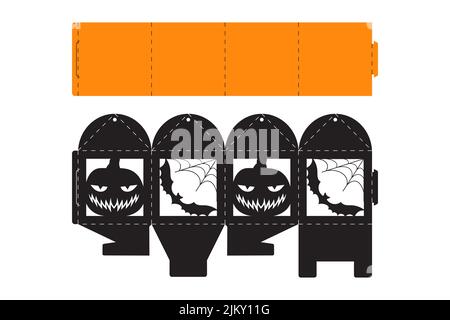 Boîte à friandises Halloween avec citrouille effrayante. Jack-o-lanterne emballage cadeau facial pour sucrée, bonbons, petit cadeau, boulangerie. Boîtier simple, découpe t Illustration de Vecteur