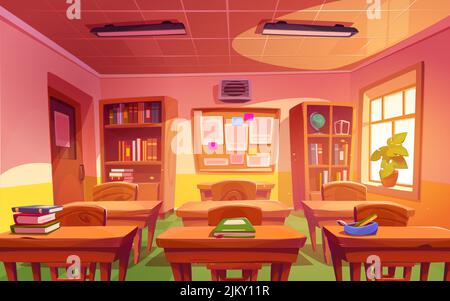 Intérieur de la salle de classe, classe d'école ou d'université avec des manuels sur les bureaux des étudiants, des chaises, un tableau des horaires accroché au mur et des livres dans le placard, une salle lumineuse pour étudier, illustration vectorielle de dessin animé Illustration de Vecteur