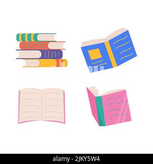 Ensemble de livres colorés. Livres dans une pile, ouvert, dans un groupe, fermé. Apprendre et étudier. Illustration de Vecteur