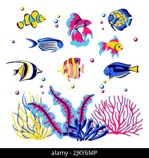 Arrière-plan avec poissons tropicaux. Aquarium marin et animaux marins. Image stylisée en couleurs vives. Illustration de Vecteur