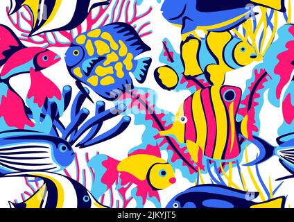 Motif sans couture avec poissons tropicaux. Aquarium marin et animaux marins. Image stylisée en couleurs vives. Illustration de Vecteur