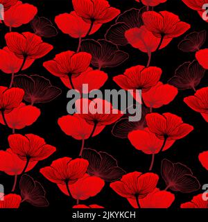 Des coquelicots à motif transparent rouges sur fond noir. Illustration vectorielle Illustration de Vecteur