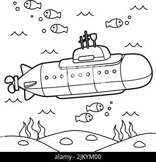 Page de coloriage de véhicule sous-marin nucléaire pour enfants Illustration de Vecteur