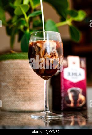 Shot of a iced coffee glass with milk pouring inside. a fake plant and a packet of cofee behind the glass. Banque D'Images