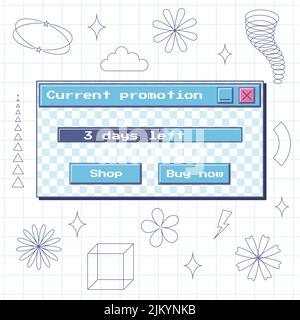 Fenêtre rétro avec barre de progression et boutons - acheter, acheter maintenant. Esthétique nostalgique d'un ancien ordinateur.interface utilisateur Retro 90s. Rutalisme, Y2K décoratif Illustration de Vecteur