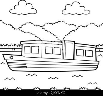 Page de coloriage pour véhicule à bateau étroit pour enfants Illustration de Vecteur