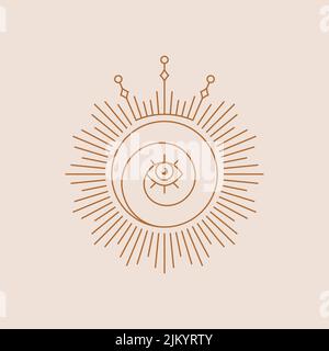 Logo du boho spirituel. Symbole du soleil avec œil et couronne. Illustration vectorielle isolée. Élément de conception pour la magie, ésotérique, céleste, astrologie Illustration de Vecteur