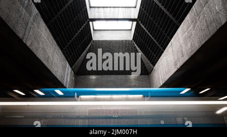 A low angle shot of an open ceiling of a stone building Stock Photo