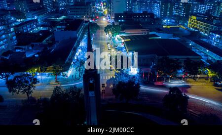 This is a Aerial shot that overlooks a street highlighted by the long exposure lines Stock Photo