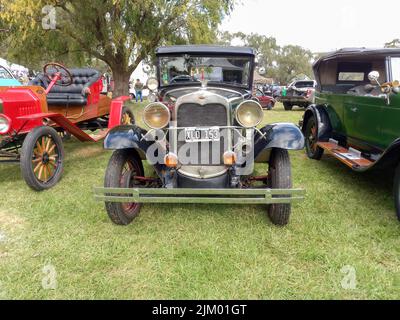Chascomus, Argentine - 9 avril 2022 : modèle de Ford Noir ancien Modèle A Fordor berline 1928 - 1931. Vue avant. Nature vert herbe et arbres fond. Voiture classique Banque D'Images