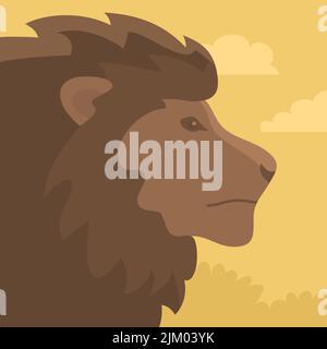 Portrait de la tête du lion dans la nature. Gros chasseur de chats avec une manie. Mammifère animal prédateur d'Afrique. Roi lion. Faune et zoologie de Savannah. Vecteur de dessin animé Ill Illustration de Vecteur