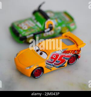 A selective focus shot of the Mattel Cruz Ramirez toy model race car from the Disney Pixar Cars movie Stock Photo