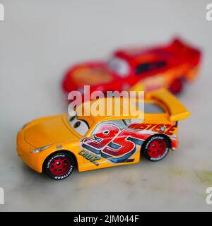 A selective focus shot of the Mattel Cruz Ramirez toy model race car from the Disney Pixar Cars movie Stock Photo