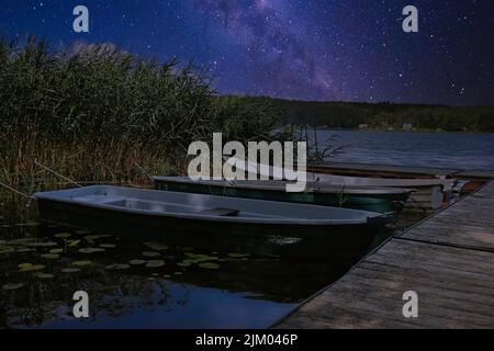 Une vue panoramique des bateaux amarrés à un quai en bois sur un lac à proximité de plantes vertes sous un ciel étoilé Banque D'Images