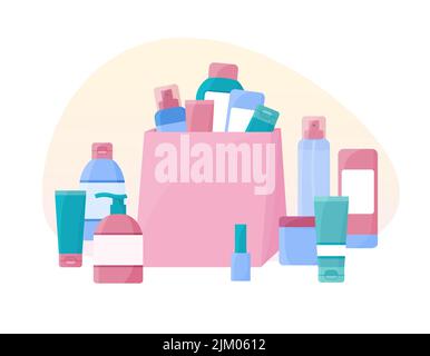 Boutiques de cosmétiques. Pile de cosmétiques isolée. Produits de beauté et de soin de la peau dans le sac. Ensemble vectoriel de bouteilles de crème, tubes, spray. Illustration plate. Illustration de Vecteur