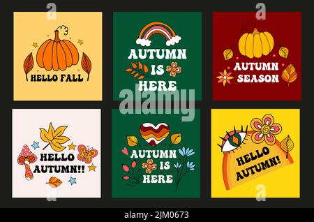 Carte rétro 70s avec texte Hello Autumn. Cartes postales, autocollants et affiches pour l'automne et la moisson. Illustration vectorielle Illustration de Vecteur