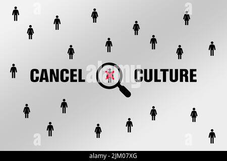 A digital illustration with black human icons and a text on gray background. Cancel culture. Stock Photo