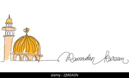 mosquée et ramadan kareem texte. illustration vectorielle de dessin à une seule ligne Illustration de Vecteur