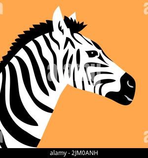 Portrait de la tête d'un zèbre à rayures. Mammifère hervivore à hoofed. Animal sauvage africain. Faune et zoologie. Illustration vectorielle de dessin animé isolée sur l'orange ba Illustration de Vecteur