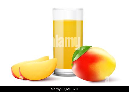 Fruits frais de mangue et jus de mangue dans un verre, réaliste vecteur 3D illustration, isolé sur fond blanc Illustration de Vecteur