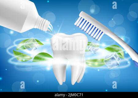 Publicités de dentifrices blanchissants. Modèle de dent et produit de soins dentaires conception d'emballage pour l'affiche de dentifrice ou la publicité. Illustration réaliste du vecteur 3D. Illustration de Vecteur