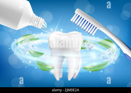 Publicités de dentifrices blanchissants. Modèle de dent et produit de soins dentaires conception d'emballage pour l'affiche de dentifrice ou la publicité. Illustration réaliste du vecteur 3D. Illustration de Vecteur