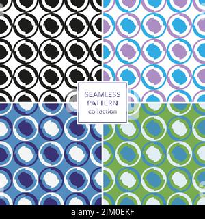 Répétition de cercles géométriques. Effet de glissement des formes. Lot de 4 motifs colorés. Grille de points et d'anneaux. Illustration de Vecteur