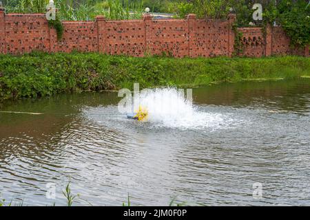 Aérateurs rotatifs utilisés dans les grands étangs à poissons Banque D'Images
