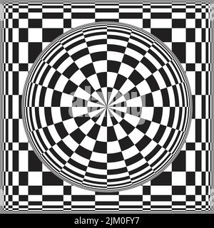 Le contraste noir et blanc crée une illusion optique de 3D. Motif géométrique de vérification déformé. Bouton cible sur le damier. Psychédélique et tendance Illustration de Vecteur