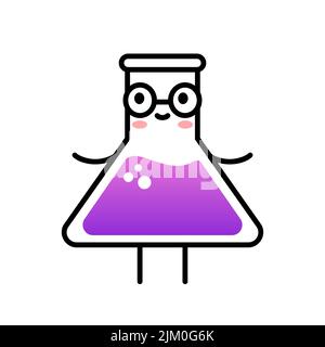 Joli flacon de laboratoire avec lunettes. Les filles dans l'idée de la science. Bouteille en verre Kawaii Erlenmeyer souriant. Science, chimie, concept de pharmacie. Vecteur Illustration de Vecteur