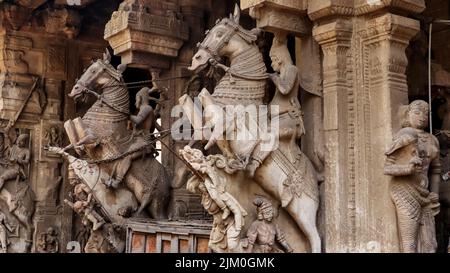 Sculptures de guerriers sur chevaux sur les piliers de Pudhu Mandapam, Temple Meenakshi Amman, Madurai, Tamilnadu, Inde. Banque D'Images