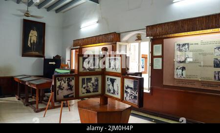 Photos d'histoire et de vie du Mahatma Gandhi dans le Musée du Mémorial de Gandhi, Madurai, Tamilnadu, Inde. Banque D'Images