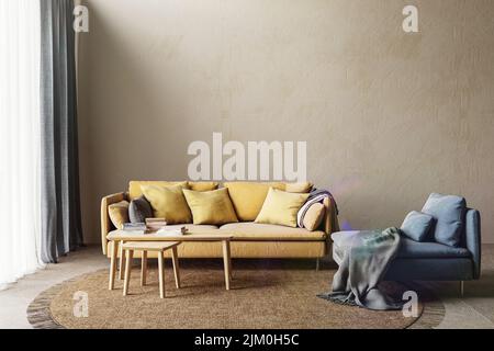 Séjour rempli de meubles naturels et grande fenêtre. Rendu de haute qualité de l'illustration 3D. Intérieur style bohémien avec maquette murale. Banque D'Images