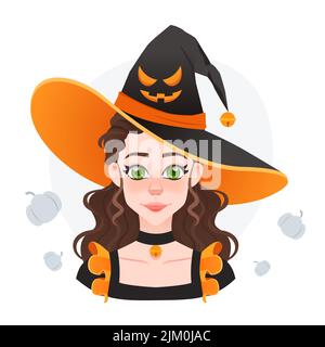 Halloween magicienne fille dans grand chapeau avec visage en colère. Fille de conte de fées. Joli drôle de sorcière avatar pour le jeu et la publicité Illustration de Vecteur