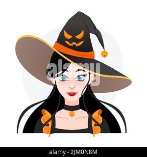 Asiatique halloween magicienne fille dans grand chapeau avec visage en colère. Joli drôle de sorcière avatar pour le jeu et la publicité. Illustration de Vecteur