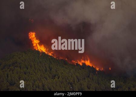 Feu sauvage d'El Pont de Vilomara, sur 17 juillet 2022, qui a brûlé 1 743 hectares de végétation (Bages, Barcelone, Catalogne, Espagne) Banque D'Images