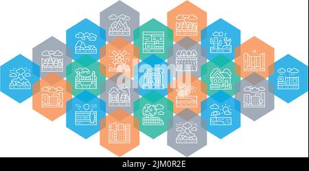 Bannière de page Web en mode paysage. Pont, Forêt, jardin, volcan, Windmill Line icônes concept isolé sur fond blanc. Illustration de Vecteur