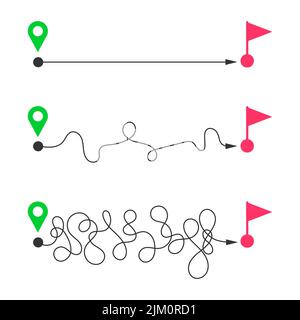 Lignes droites et incurvées entre les broches de carte de départ et les drapeaux de fin. Livraison rapide et lente, facile et difficile, court et long chemin, vie idéale et difficile, atteindre des niveaux. Illustration vectorielle plate Illustration de Vecteur