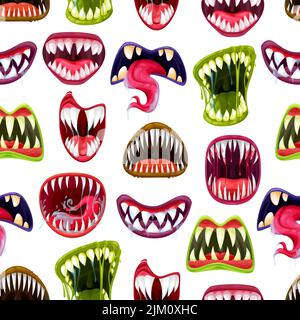 Bouches monstre effrayantes avec motif vectoriel de dents sans couture. Caricature d'Halloween vampires, zombies et beasts extraterrestres avec des sourires d'horreur, arrière-plan effrayant de Illustration de Vecteur