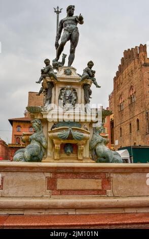 A low angle shot of the Neptune Fountain in Piazza del Nettuno in Bologna, Italy Stock Photo