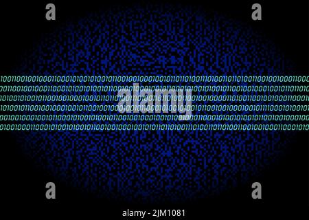 Autoroute de données. Bande de six lignes turquoise composée de zéros et de uns, codage binaire, sur un fond bleu foncé de points carrés générés de façon aléatoire. Banque D'Images