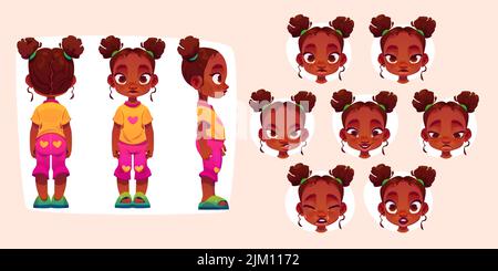 Petit personnage de dessin animé de fille noire pour l'animation vue avant, latérale et arrière. Ensemble africain de construction de bébé et d'émotions, mignon tout-petit visage expression triste, heureux, pleurer et en colère, illustration vectorielle Illustration de Vecteur