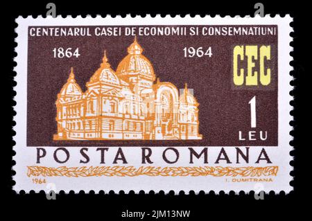 Timbre-poste roumain (1964) : Centenaire 1864 - 1964 de la Banque CEC (avant 6 mai 2008 Casa de Economii și Consemnațiuni) Banque D'Images