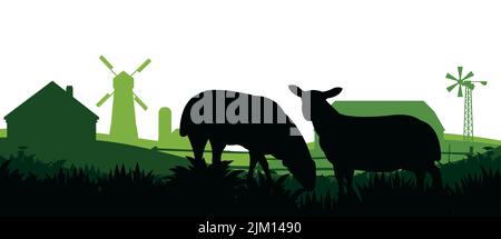 Les moutons se broutent dans les pâturages. Silhouette de l'image. Animaux de la ferme. Paysage rural avec maison de ferme. Animaux domestiques laine. Isolé sur fond blanc. Vecteur Illustration de Vecteur