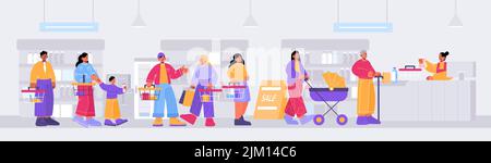 Les gens font la queue dans l'éco-boutique. Les clients qui ont des produits biologiques dans les paniers sont en file d'attente et attendent le paiement au comptoir des caisses. Achat de sortie de la vendeuse, illustration vectorielle plate Line art Illustration de Vecteur
