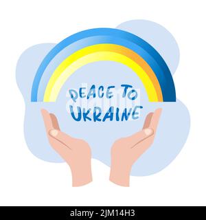 les mains tiennent un arc-en-ciel dans les couleurs du drapeau de l'ukraine et l'inscription paix à l'ukraine Illustration de Vecteur