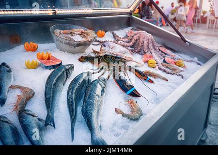 assortiment de poissons et fruits de mer frais à vendre sur la glace. Régime méditerranéen sain. Spécialité de homard et de poulpe Banque D'Images